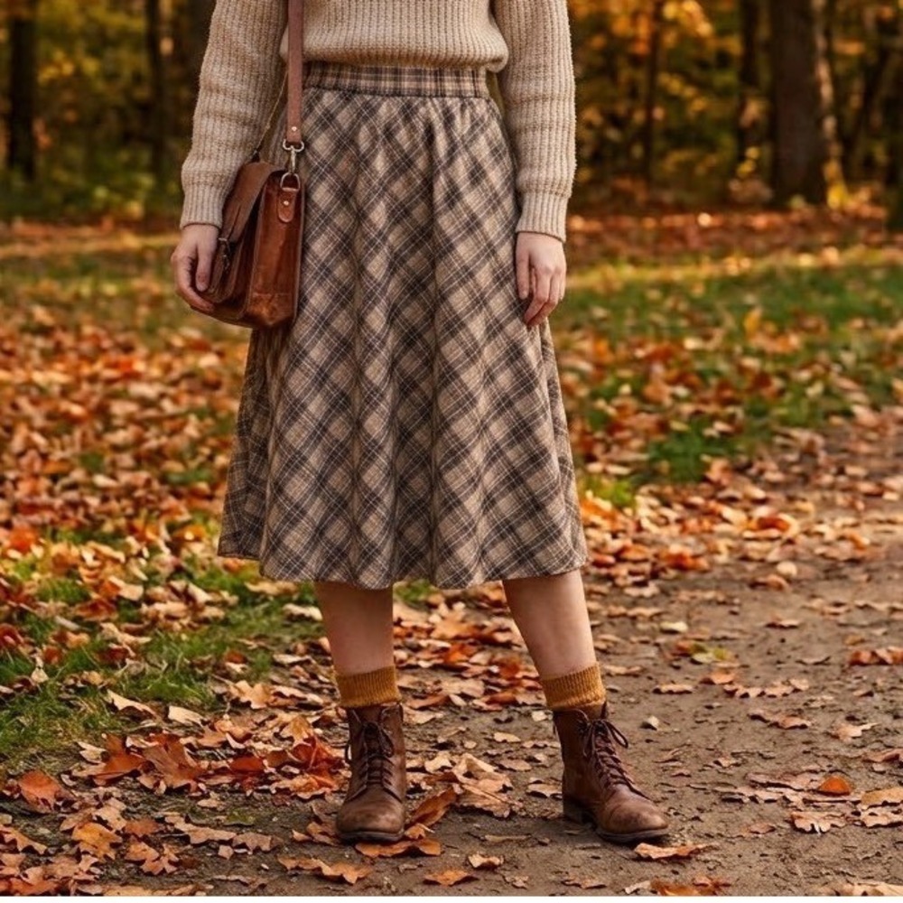 Vintage Elig Plaid A Line Midi Skirt Dark Academia High Waist Brown Tan Orange M